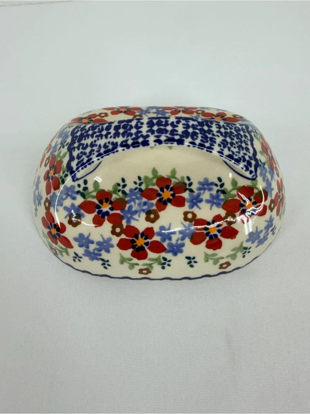 Polish Pottery Red Blue Floral Butter Dish Lid Only 6.5”